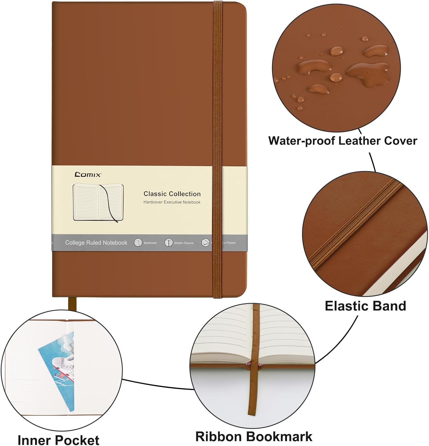 Comix 6 Pack Lined Journal Notebooks for Work, 240 Pages, 5.5"x8.3", Brown, Hardcover, A5 Medium College Ruled, Journaling Notebooks for Notes-taking, Fits for Office School Home