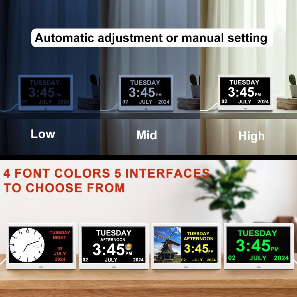 Alarm Clock with Day and Date for Elderly Digital Calendar Clock Photo Frame- Auto Dimmable Display 15 Alarm Options (10inch White)