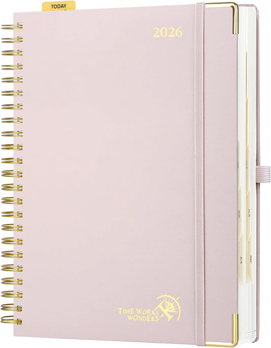 POPRUN 2026 Daily Planner One Page A Day - [A4 Large Size 8.25" x 12" -Spiral Hard Cover], Agenda 2026 Hourly Appointment Book with Monthly Calendar, Pen Holder, Ivory Paper -Light Pink