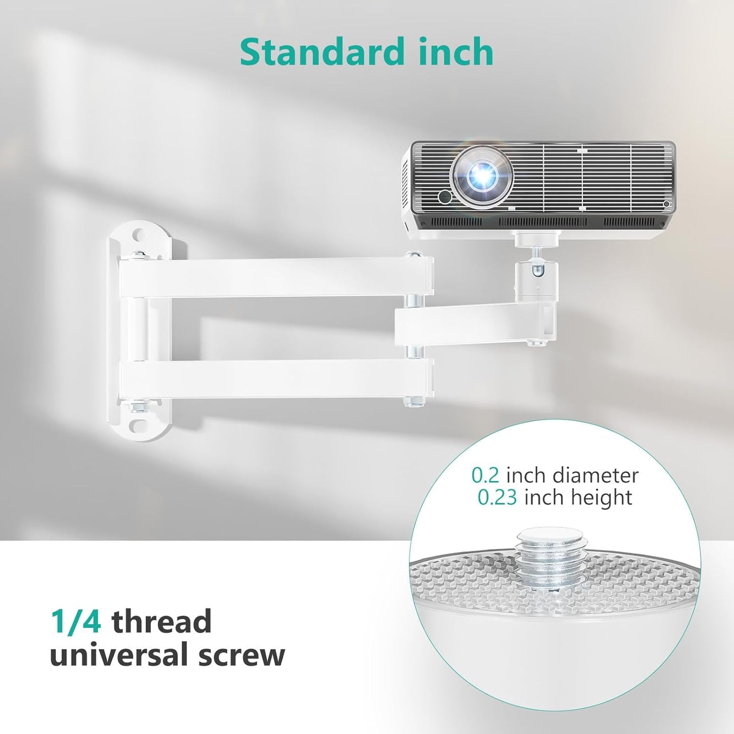 WALI Foldable Projector Wall Mount Universal Adjustable Wall Projector Mount Aluminum Alloy Projectors Stand,1/4" M4 M6 Screw Size,(1330LM-PMW), White