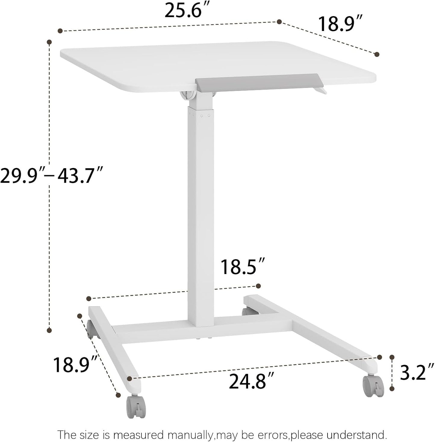 PUNCIA 90°Tiltable Small Standing Desk with Stoppers Mobile Rolling Laptop Table on Wheels Pneumatic Adjustable Height Computer Workstation Stand Up Cart Bedside Overbed Table for Home Office White