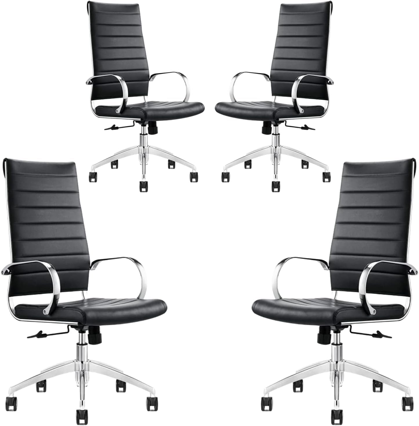 Ribbed High Back Conference Room Chairs- Lumbar Support, Modern Style Executive Chair for Home and Office - 360 Swivel Rolling Wheels - Aluminum Chrome Frame & Base - Black (Pack of 4)