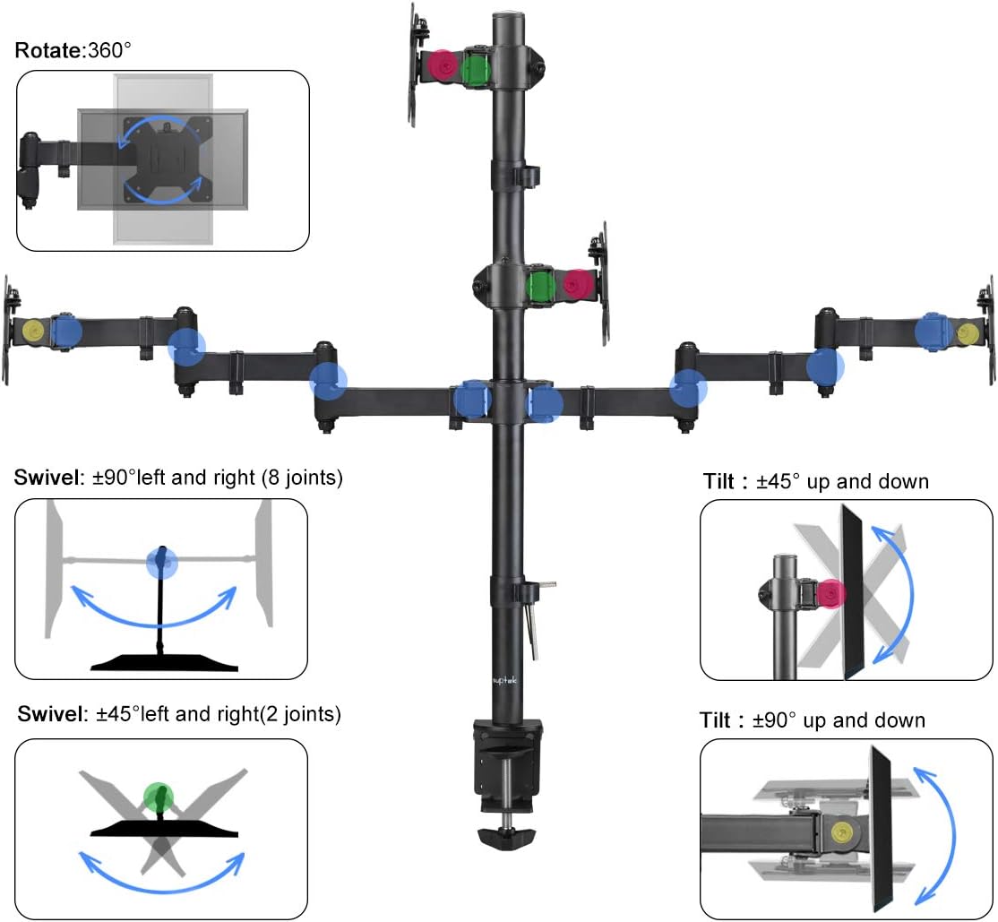 Suptek Quad LED LCD Monitor Stand up Desk Mount Extra Tall 31.5 inch Pole Heavy Duty Fully Adjustable Stand for 4 (3+1) / Four Screens up to 27 inch (MD6864)