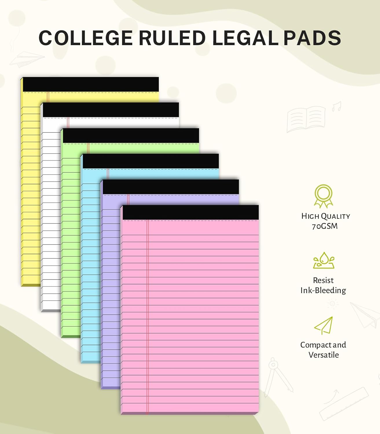 Small Legal Pads 5x8 Colored, 6 Pack Note Pads 5x8, Perforated Pink Legal Pad College Ruled, Lined Paper Pads 5x8 Notebook Pad, 30 Sheets per Notepad, Mini Purple Legal Pads 5x8 for Office School Home