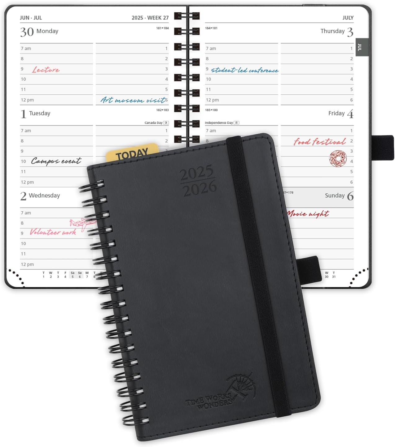 POPRUN Pocket Planner 2025-2026 (Purse Size 4'' x 6.25'') Academic Small Calendar (July 2025 - June 2026) with Hourly Time Slots, 100GSM Thick Papers, Spiral Leather Cover - Black