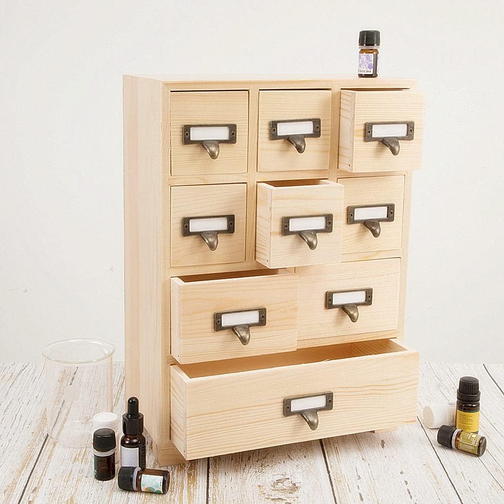 Apothecary Cabinet with 9 Drawers & Labels Rustic Library Card Catalog Cabinet Desktop Wooden Storage Box for Organize Herbal、Tea Bag、Jewelry (Wood)