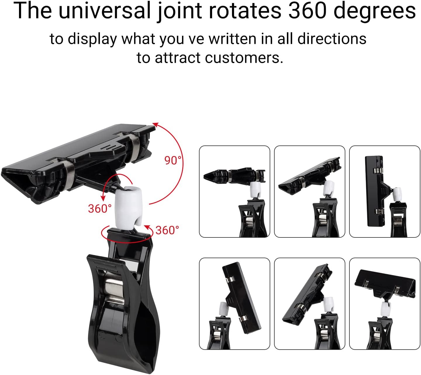 Mini Black Sign Holder Clips for Display, 10 Pcs Plastic Sign Holder Clips for Retail, Swivel Price Signs Clip, Rotatable Price Shelf Clips for Store Clothing Rack Merchandise Shelf Basket