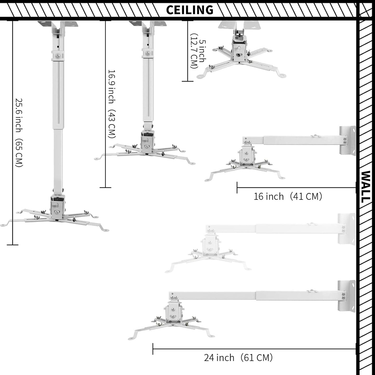 Projector Mount Wall or Ceiling Projection Mount Bracket with Adjustable Height and Extendable Arms Mounts for Home and Office Projector