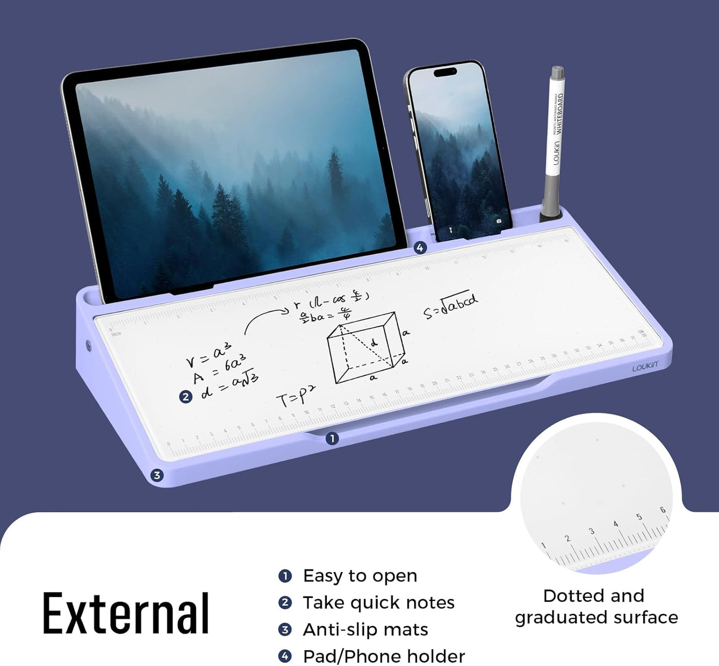 LOUKIN Glass Desktop Whiteboard, 15.3" x 5.6" Dry Erase Desk Board with Dotted and Graduated Surface, Desktop Buddy, Great for Design and Drawing, 3 Markers and 1 Dry Erase Eraser Included (Purple)