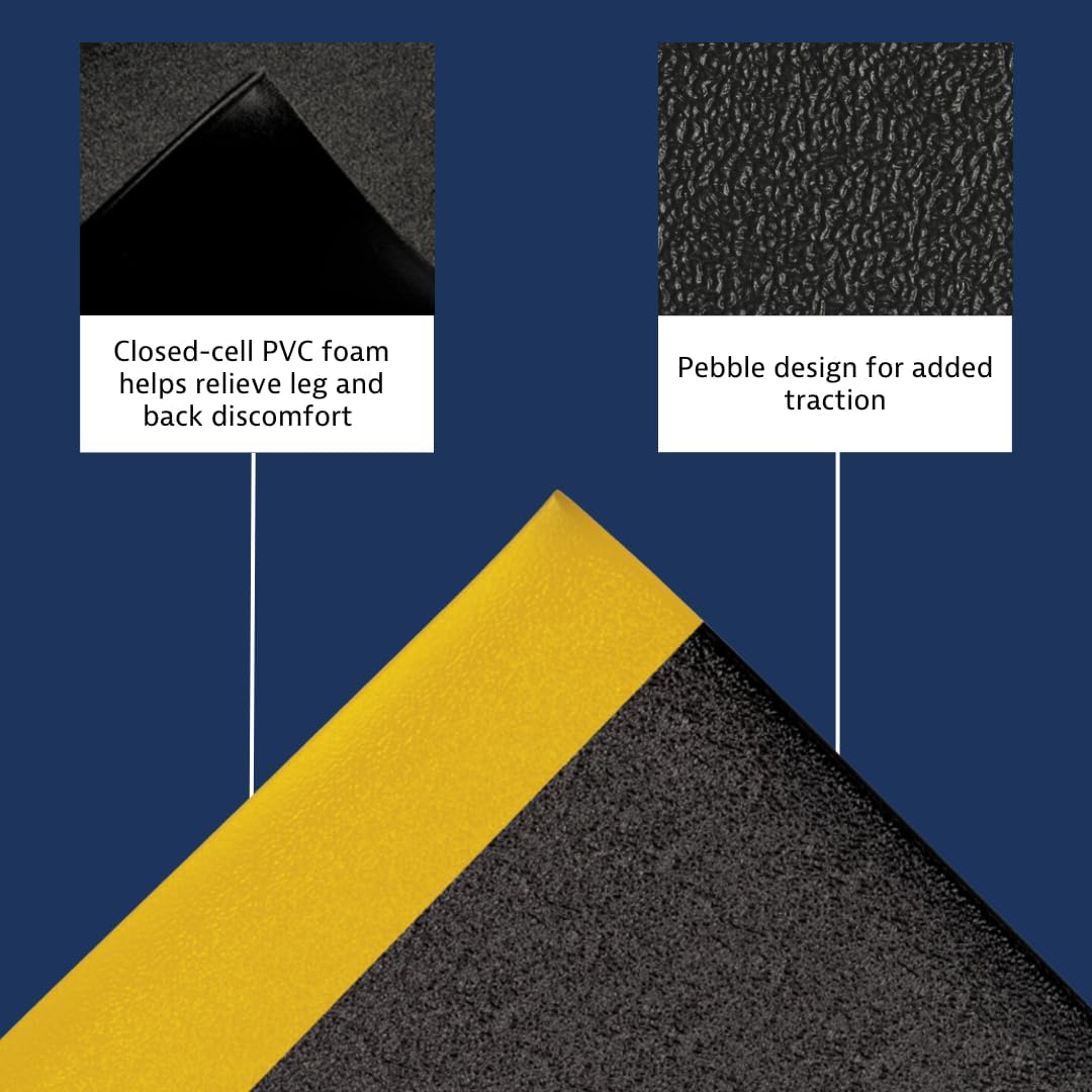 Notrax 411 Sof-Tred™ 4' x 60' x 3/8" Anti Fatigue Mat, Enhanced Slip Resistance with Beveled Edges and Pebbled Surface, Ideal for Industrial and Commercial Workplaces, Black/Yellow, 411R0348BY