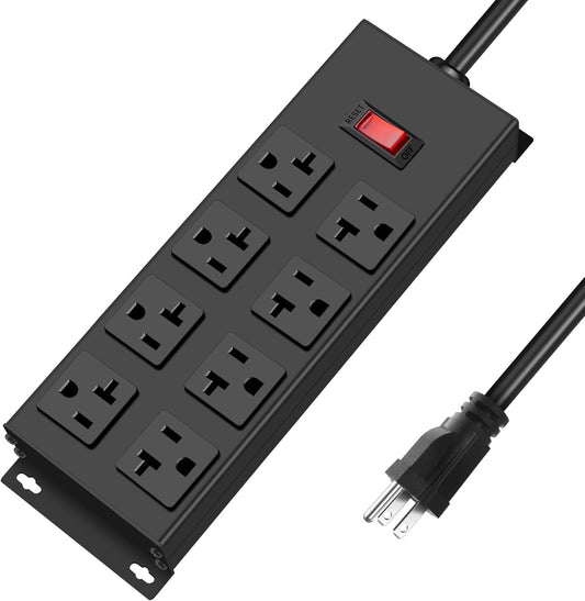 JUNNUJ Heavy Duty 20 Amp Power Strip, Garage 8 Outlets Metal 12 Gauge Surge Protector 3000J, High Amp 5-15P Adapter Shop 6-20R T-Slot Industrial Outlets (8AC, 10FT)
