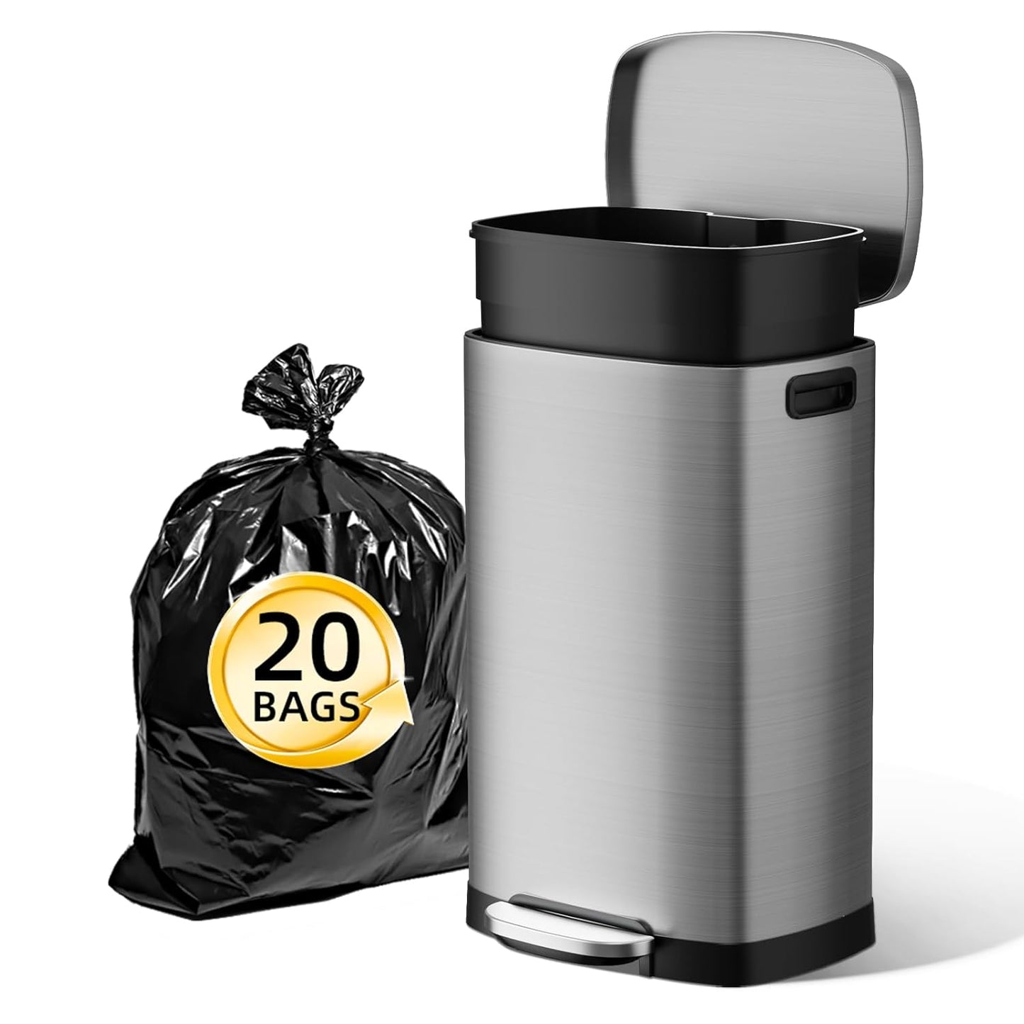 KUK 13 Gallon/50L Stainless Steel Kitchen Trash Can with Lid and Step Pedal-Large Capacity Garbage Bin with Odor Seal, Silent Close Lid, Removable Inner Bucket, Titanium Silver