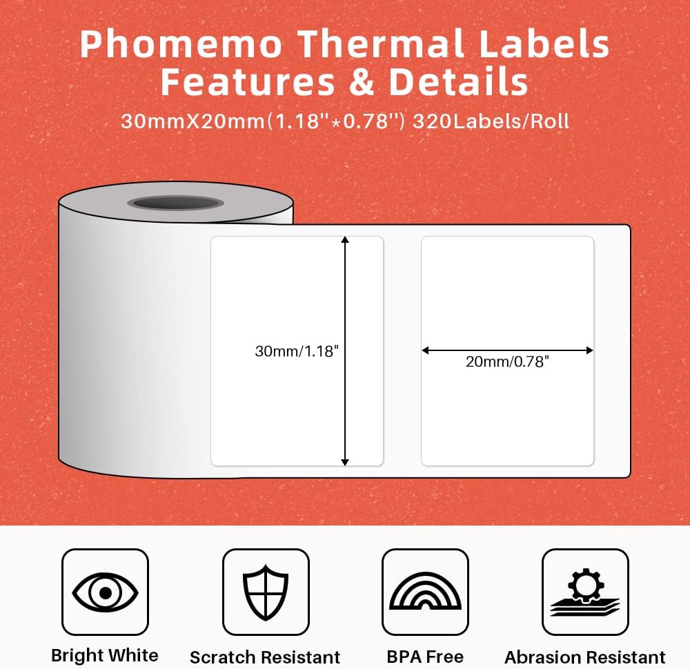 960 pcs Thermal Sticker Barcode Label Paper, Phomemo Multi-Purpose Self-Adhesive Tag for M110/M220/M108/M250/M260/M120/M150 Label Maker Machine, 1.18'' x 0.78"(30X 20mm),320 Pcs/Roll, Black on White