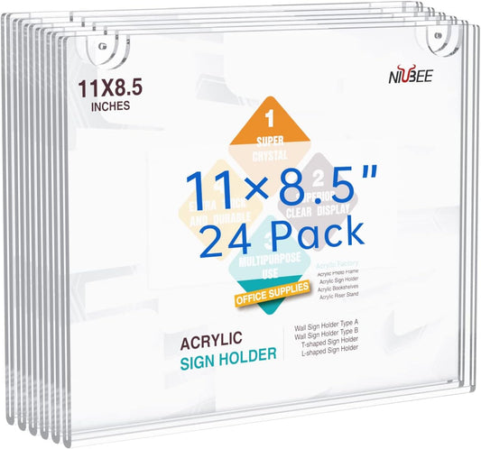 NIUBEE 24-Packs Acrylic Wall Sign Holder 8.5x11 Horizontal, Clear Plastic Picture Frames , Wall Mounted Design.