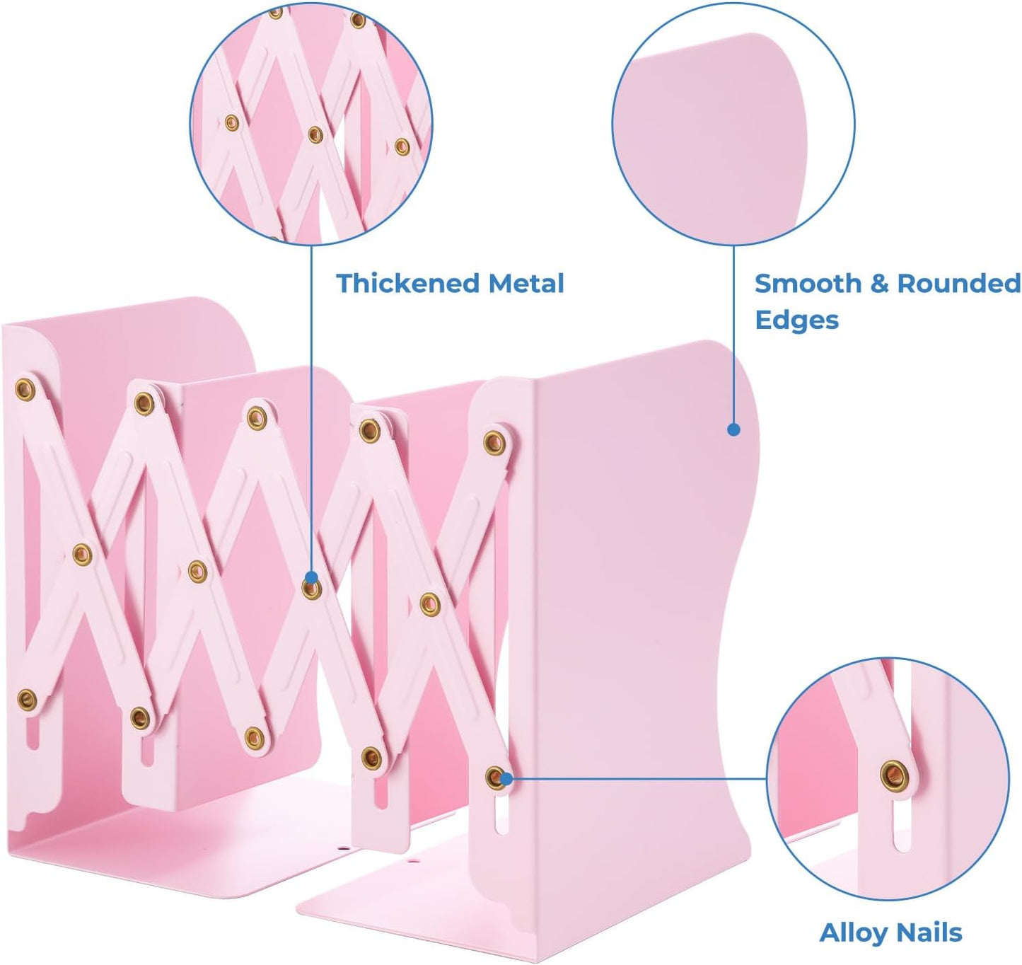 M&G Adjustable Bookends Book Ends for Shelves, Metal Bookend for Heavy Books, Desk Magazine File Organizer Holder Extends up to 20in, Book Stopper for Home, Office, Classroom (Pink)