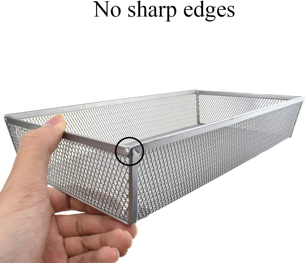 HAHIYO Stackable Mesh Tray Cup 12 x 6 x 2 inches Sturdy Container for Desk Drawer Organizer Collection for Home Office School kitchen Soft Foam Feet No Sharp Edges 1 Pack Silver