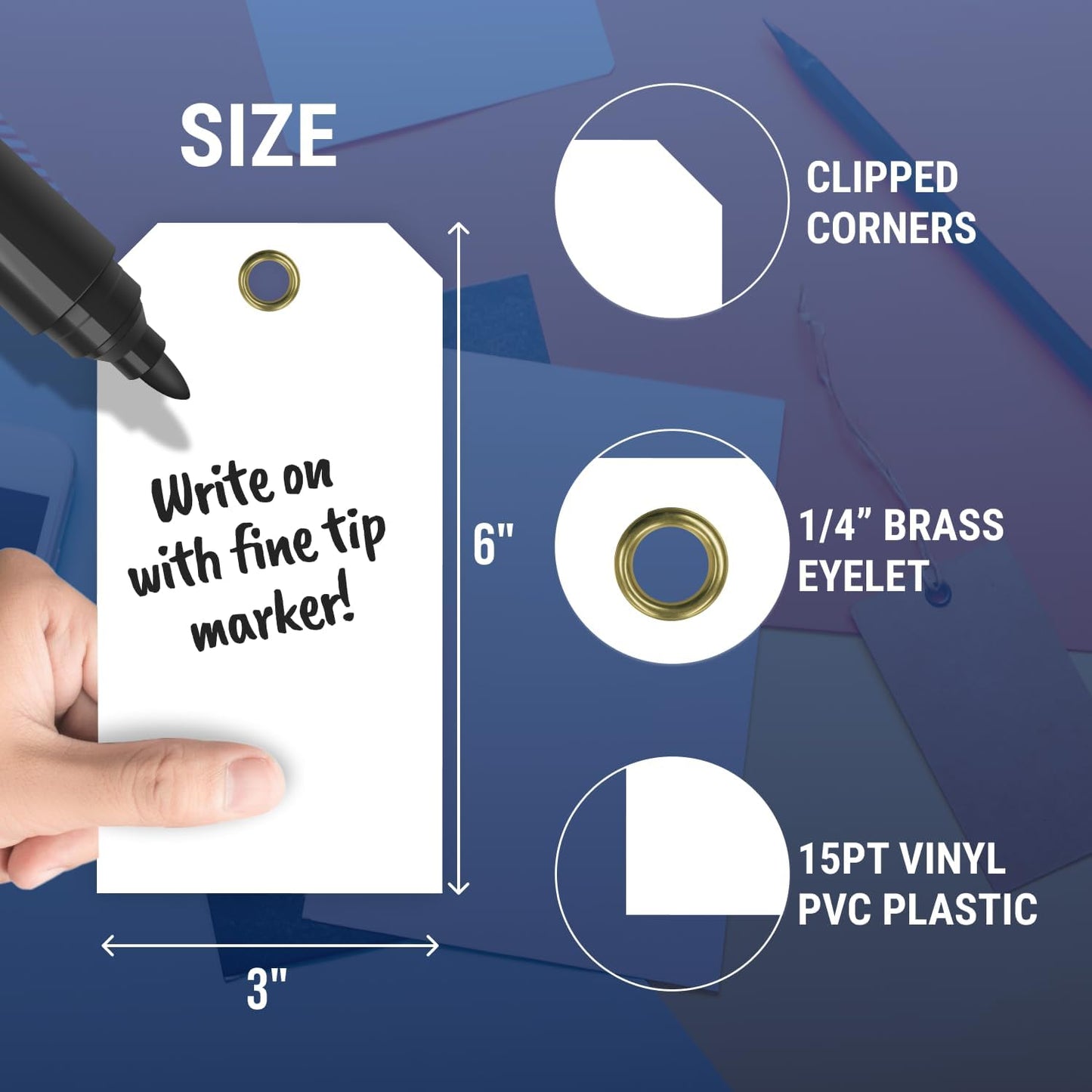 Tags 4 Less 15 Mil Waterproof Plastic Tags, Pack of 100 – 3” x 6” Heavy Duty Plastic Tags for Labeling, Outdoor Tagging, Equipment Labeling, Luggage, Valves & More (White)