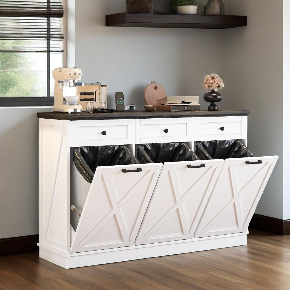 Farmhouse Tilt Out Trash Cabinet, Triple 13 Gallon Wooden Kitchen Trash Can Cabinet with Hideaway Drawer, Freestanding Garbage Recycling Cabinets, Pet Proof, Power Outlets, 59 Inch, White