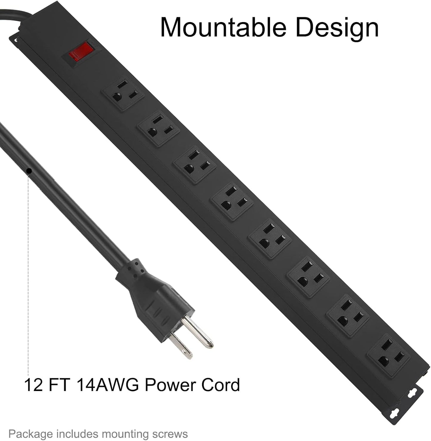 Metal 8 Outlet Mountable Power Strip, Wall Mount Outlet Heavy Duty, Wide Spaced Commercial Shop Power Strip with Switch, 15A 125V 1875W, 6 FT SJT 14AWG Power Cord (12FT)