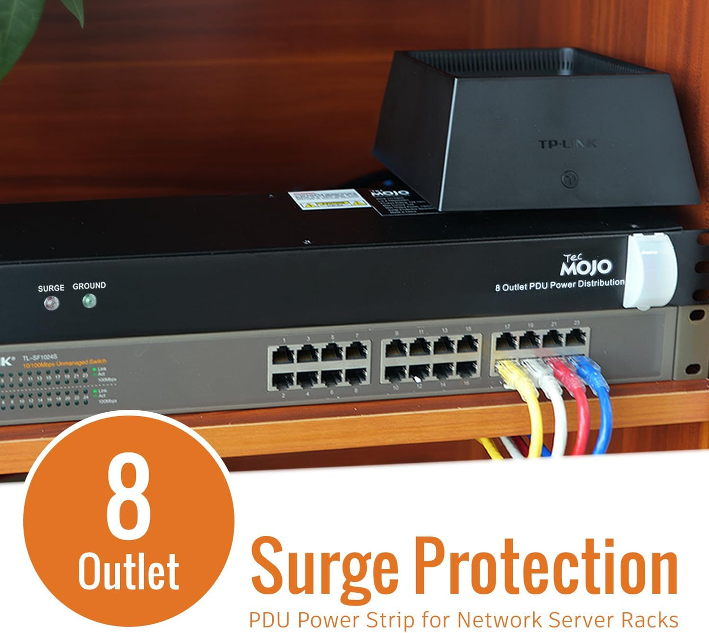 Tecmojo 1U Rack-Mount Horizontal 8-Outlet Power Strip UL Listed PDU with Surge Protection 6ft Cord Power Distribution for IT and Network Server Racks