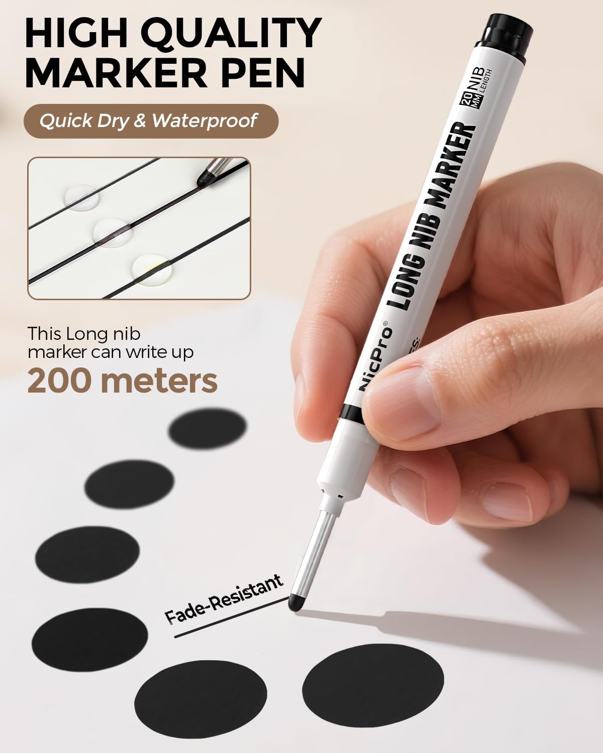 Nicpro 72 PCS Long Nib Marker Pens, 20mm Deep Hole Markers Bulk, Quick Dry & Waterproof Construction Marker, Long Head Mark Pens for Metal, Steel, Tile, Glass, Carpenter Marking Tool for Woodworking