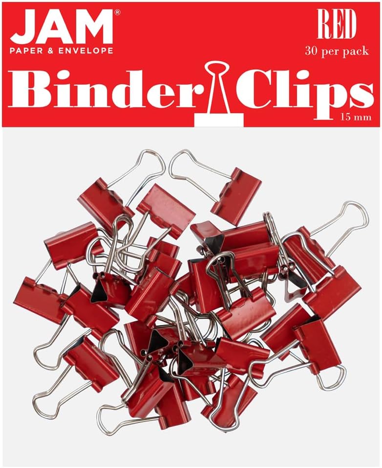 JAM PAPER Colorful Binder Clips - Extra Small - 3/5 Inch (15 mm) - Red Binderclips - 30/Pack