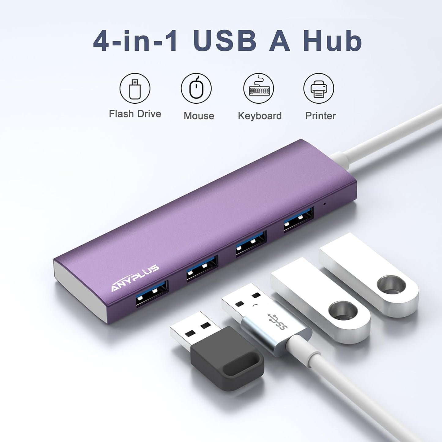 USB Hub, USB 3.0 Hub Aluminum Alloy Ultra Slim USB Splitter, Portable 4 Port USB Extender, USB Hub for Laptop, PC, MacBook, iMac, Surface Pro, Mac Pro, Flash Drive, XPS 【Purple】