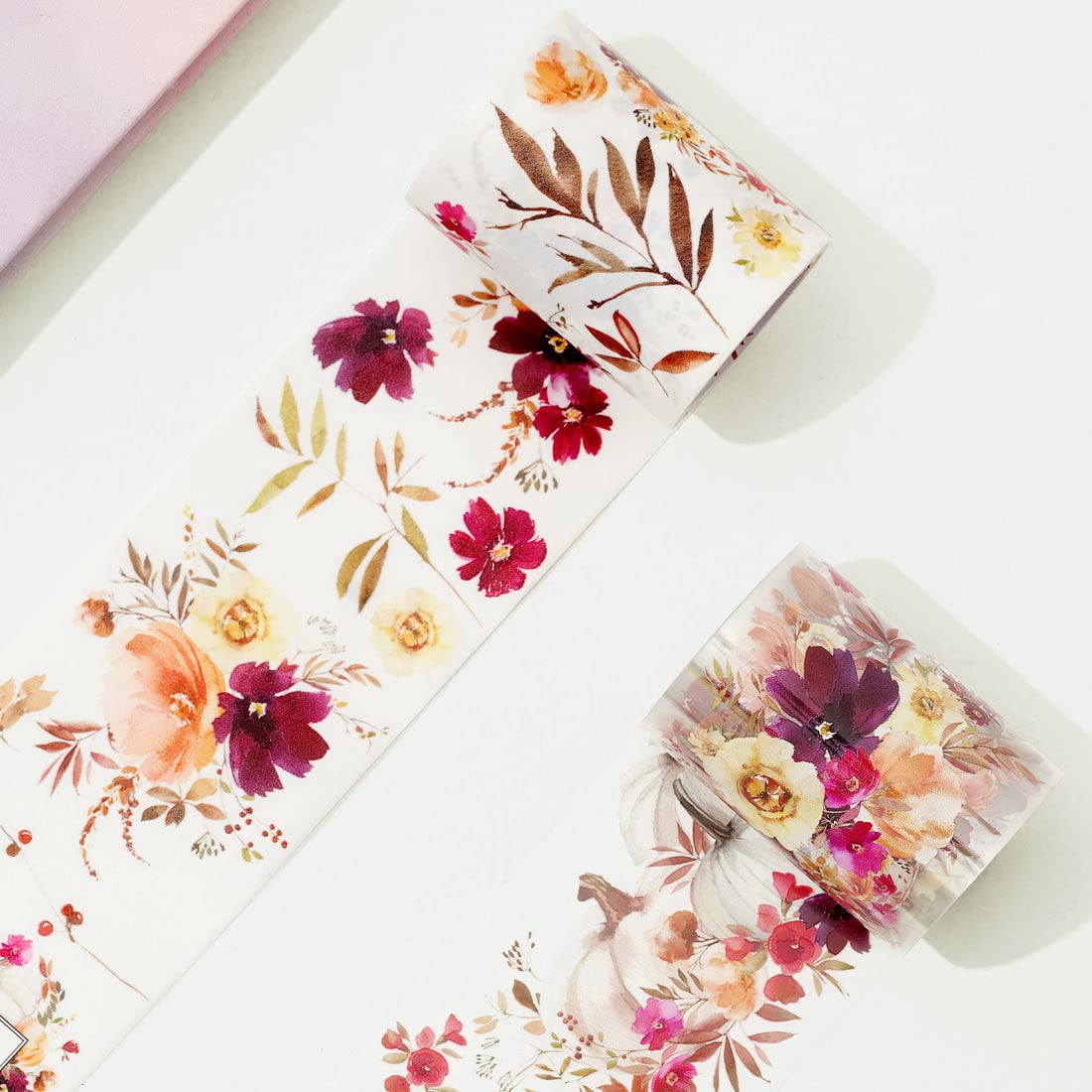 WT Autumn Rose Wide PET Tape, Single Roll, Original Designs, Floral Decorative Tape, Transparent Craft Tape for Bujo Planner & DIY Supplies, Watercolor Flowers
