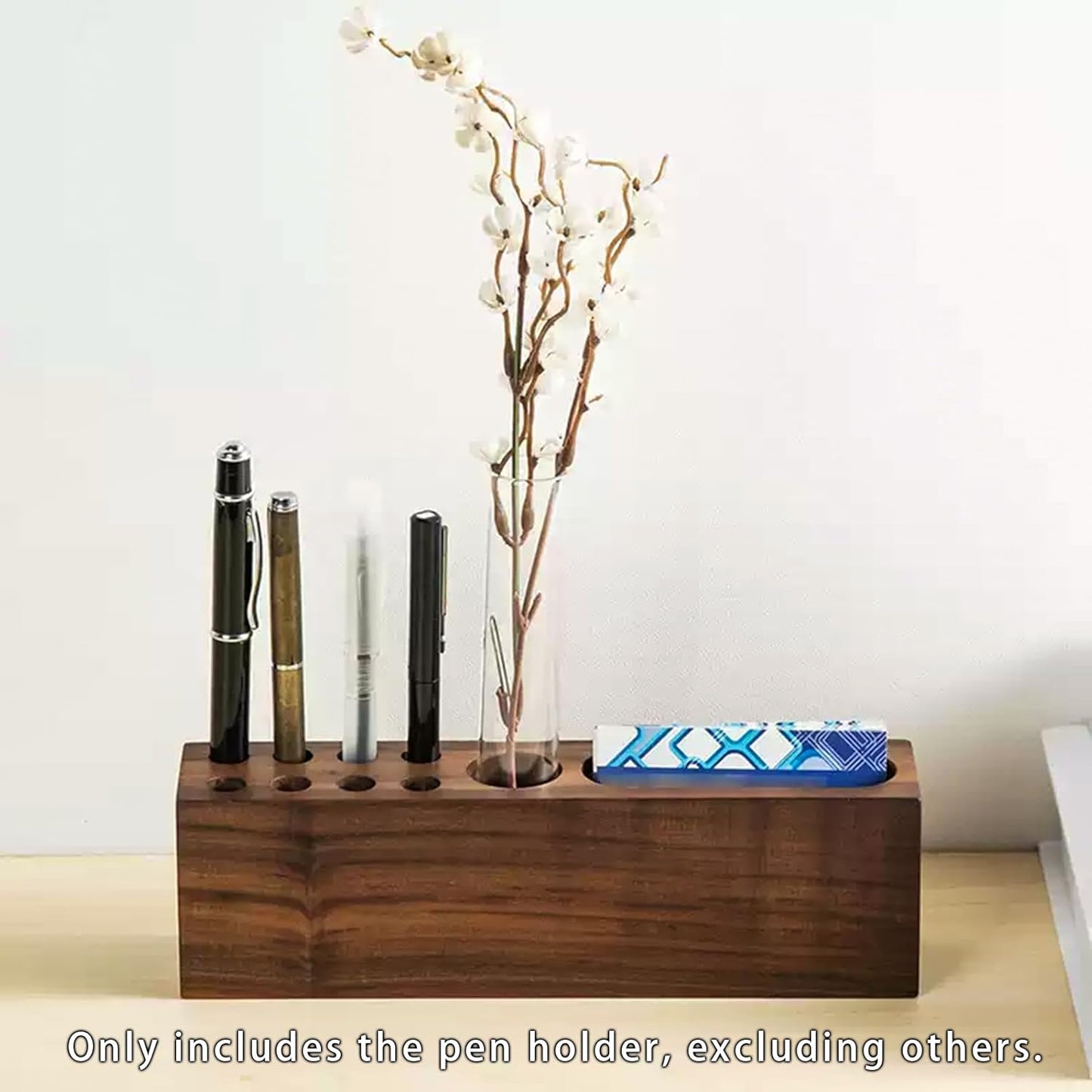 LiTY Pen Holder for Desk, Acacia Wooden Pencil Stand, Solid Wood Business Card Holder, Fountain Pen Organizer, Minimalist Aesthetic Office Stationery Desk Decor