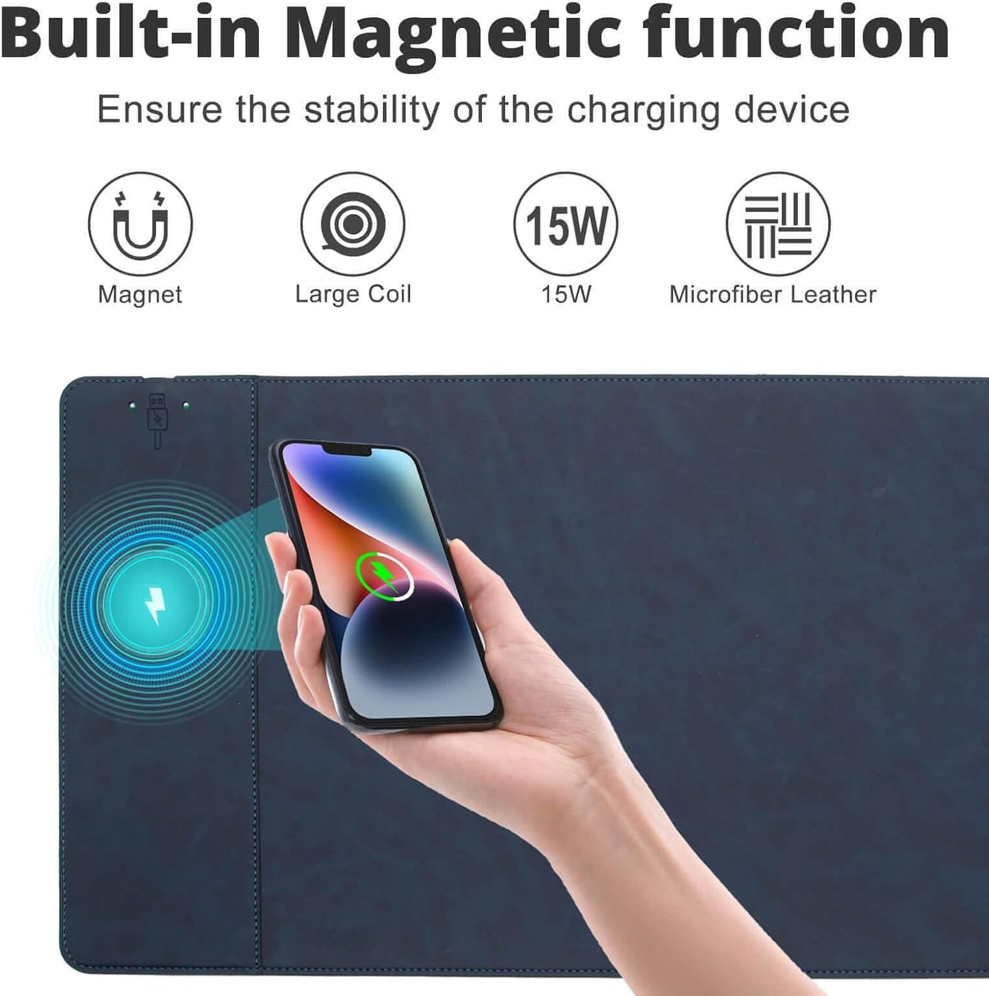 Magnetic 15W Fast Wireless Charging Desk Pad, 35.4"x16.8" Extra Large Mouse Pad, Microfiber Leather Office Desk Mat, Waterproof and Scratch-Resistant Mouse Mat for Office and Home Use,Blue