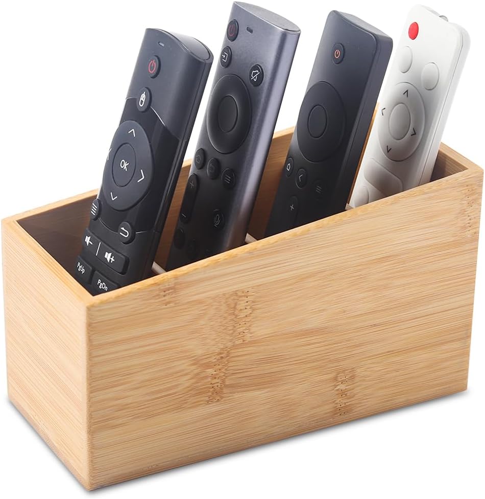 Bamboo Wood Pens Pencils Holder Cup for Desk Remote Control Holder, Caddy,Organizer,Desktop Storage with 4 Compartments,Multiuse for Store TV Remotes,Game Console,Phones,Office Supplies (4 Grid)