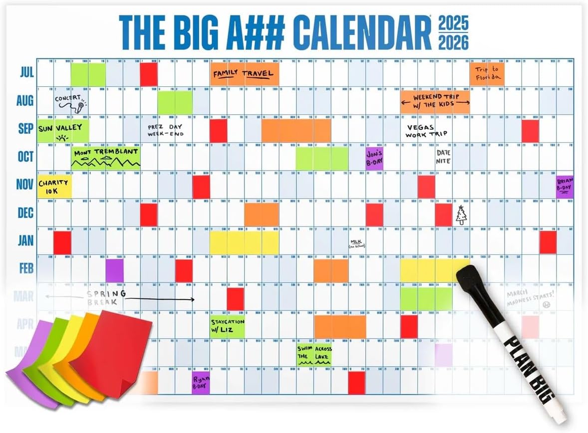 The Big A## Calendar Mid-Year Wall Planner – July to June Dry-Erase – Includes 1 Marker & 100 Labels – Lightweight, Easy to Hang Yearly Planner – Plan Goals & Adventures – Blue, 4’x3’