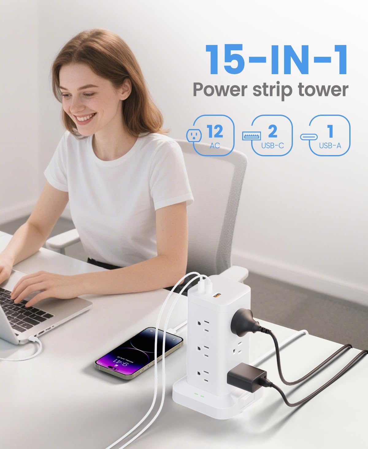 15-in-1 Power Strip Tower with Surge Protector 1800J, Fast Charging Tower PD20W USB-C Ports with 12 AC Outlets, 10ft Extension Cord for Home Office Dorm Room, White