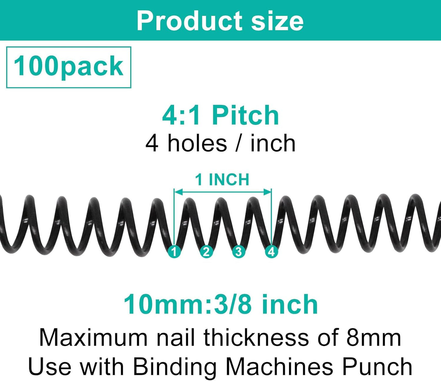 Plastic Spiral Binding Coils 100 Pack, Coil Binding 10mm(3/8") 75 Sheet Capacity, 4:1 Pitch Black Binding Spirals for Students and Coworkers