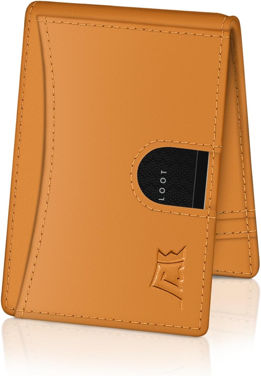Kings Loot Money Clip Slim Minimalist Wallet for Men – RFID Blocking Leather Design with Money Clip – Front Pocket Bifold Holds 12 Cards – Stylish & Compact Wallets (Cognac)