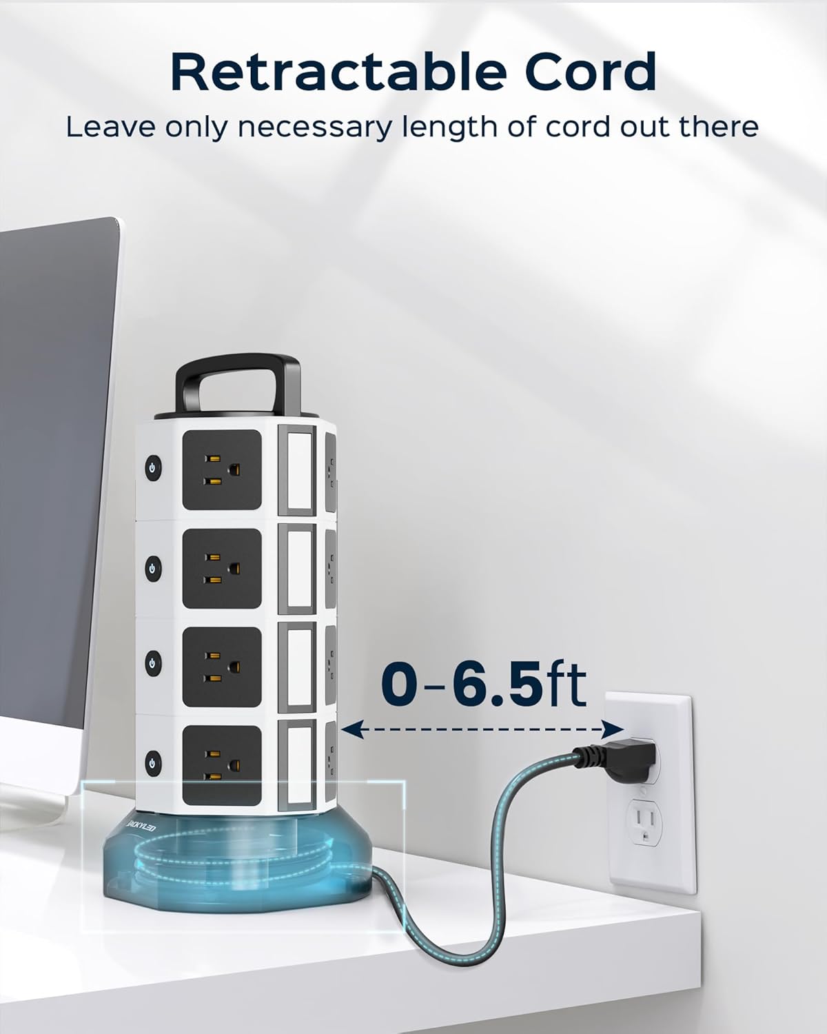 Power Strip Tower Surge Protector - JACKYLED 16 AC Outlets(13A) 6 USB Ports Electric Charging Station, 1050J Surge Electric Tower, 1625W Outlet Extender, 6.5ft Heavy Duty Extension Cord for Home