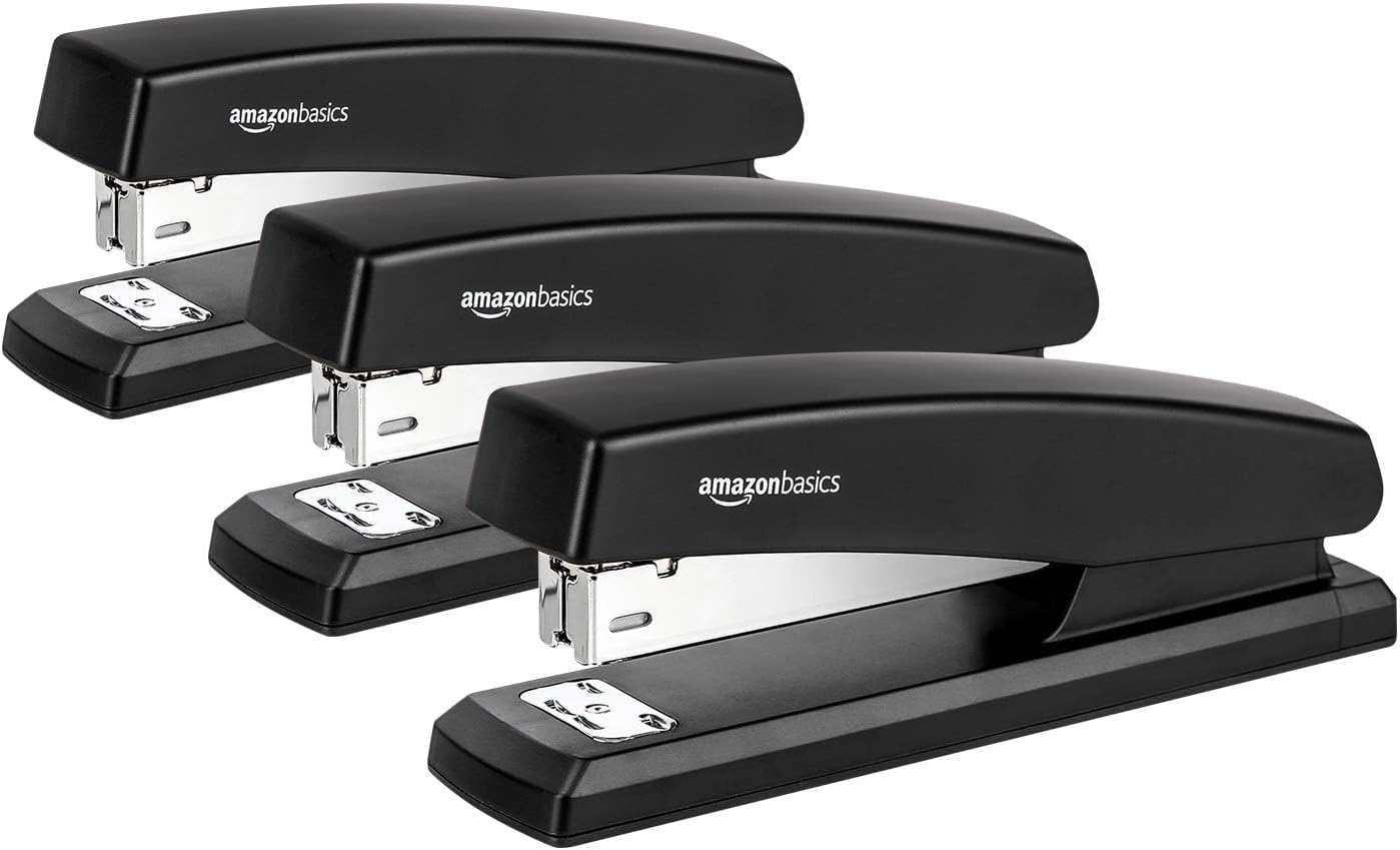 Amazon Basics Desktop Stapler with 1000 Staples, Office Stapler, Lightweight, Easy to Use, 25 Sheet Capacity, Non-Slip, Black, 3 Pack