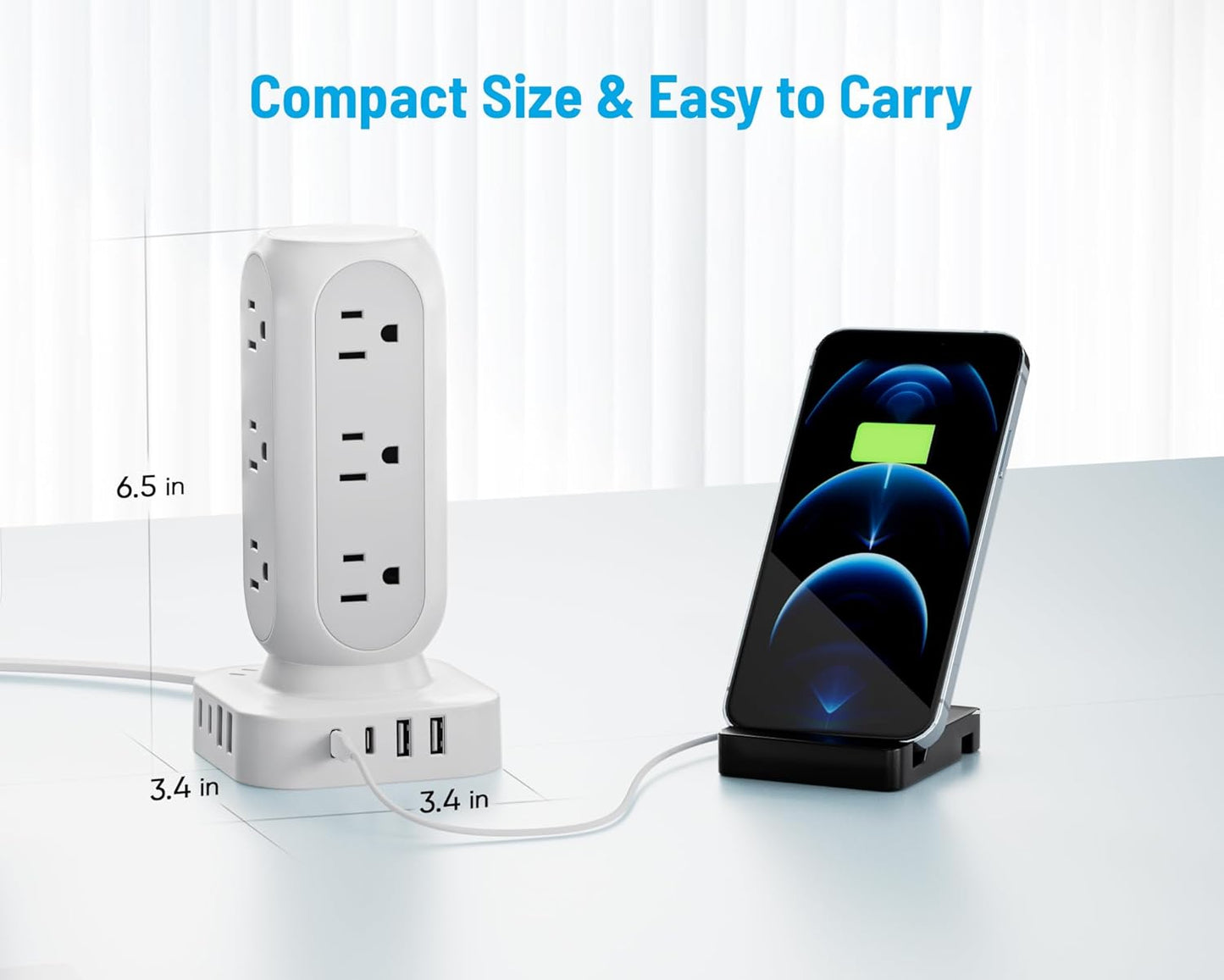 Flat Plug Power Strip Tower, 40W Total Fast Charging Station, Dual PD 20W USB-C Surge Protector with 12 AC Outlets and 8 USB Ports (4 USB C), 15FT Extension Cord for Home Office Dorm Room