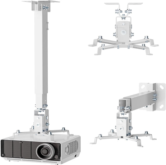 WALI Projector Mount Ceiling/Wall - Universal 3-in-1 Bracket with Extension Pole, Height Adjustable Holder for LCD/DLP Projectors, Supports up to 44lbs, White (PM-003-W)