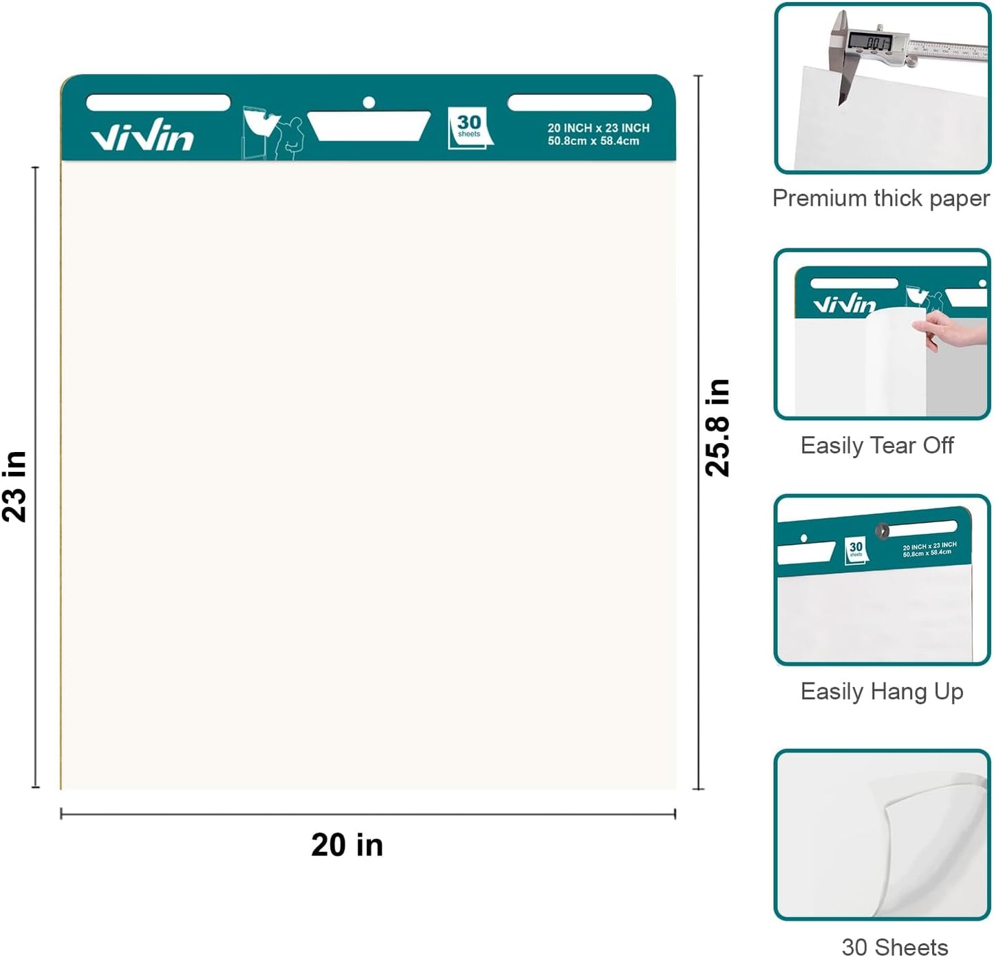 ViVin Sticky Easel Pad, 20 x 23 Inches Flip Chart Paper for Teachers and Students, Self Stick Easel Paper, 30 Sheets/Pad, 6 Pads/Pack