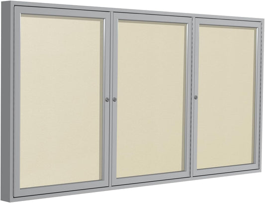 Ghent 36"x72" 3-Door Outdoor Enclosed Vinyl Bulletin Board, Shatter Resistant, with Lock, Satin Aluminum Frame - Ivory (PA33672VX-185), Made in the USA