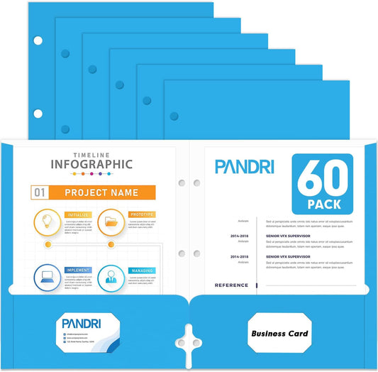 Two Pocket Portfolio Folders, PANDRI 60 Pack 3 Hole Punched 2 Pocket Folders for 3 Ring Binder, Letter Size Paper File Folder for School Office Home Business, Lightblue