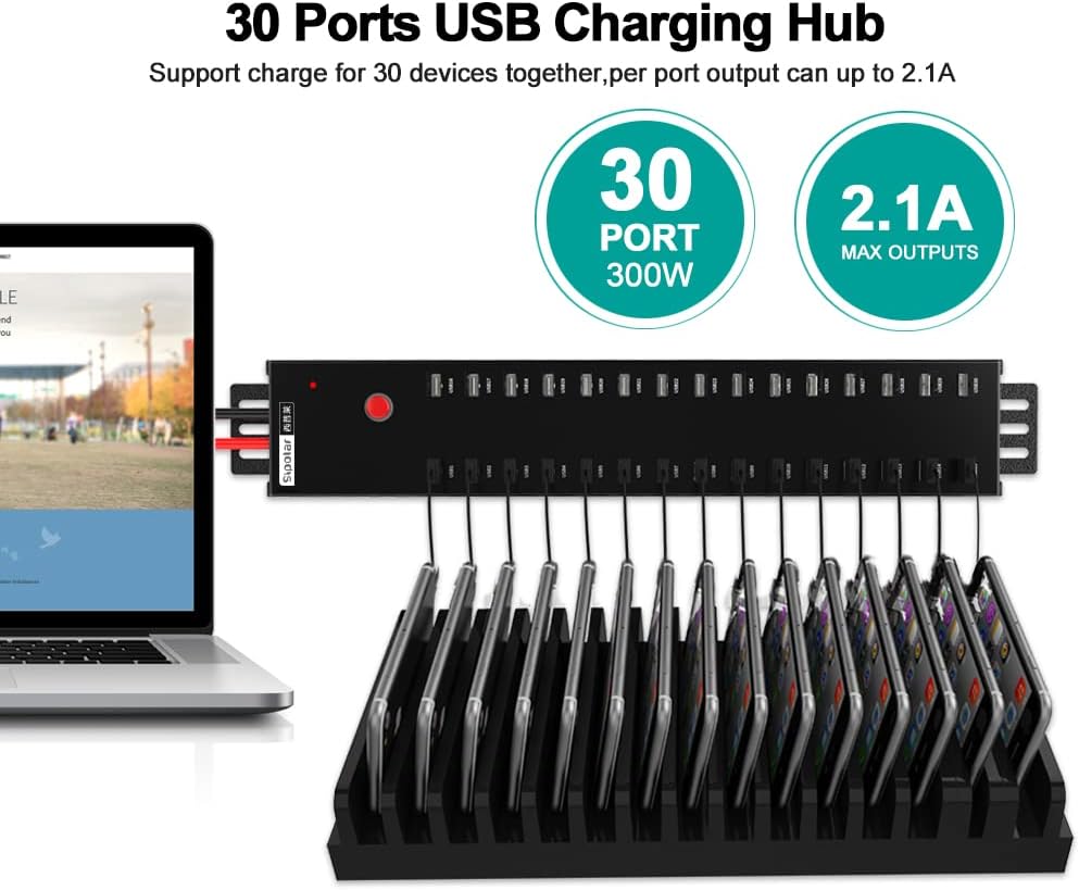 Industrial USB 2.0 Hub 30 Ports with 300W Power Supply Wall Mountable Support Refurbishing and Brush, Batch Data Transfer