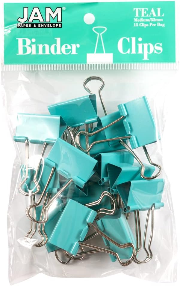 JAM PAPER Colorful Binder Clips - Medium - 1 1/4 Inch (32 mm) - Teal Binderclips - 15/Pack