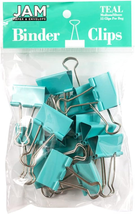 JAM PAPER Colorful Binder Clips - Medium - 1 1/4 Inch (32 mm) - Teal Binderclips - 15/Pack
