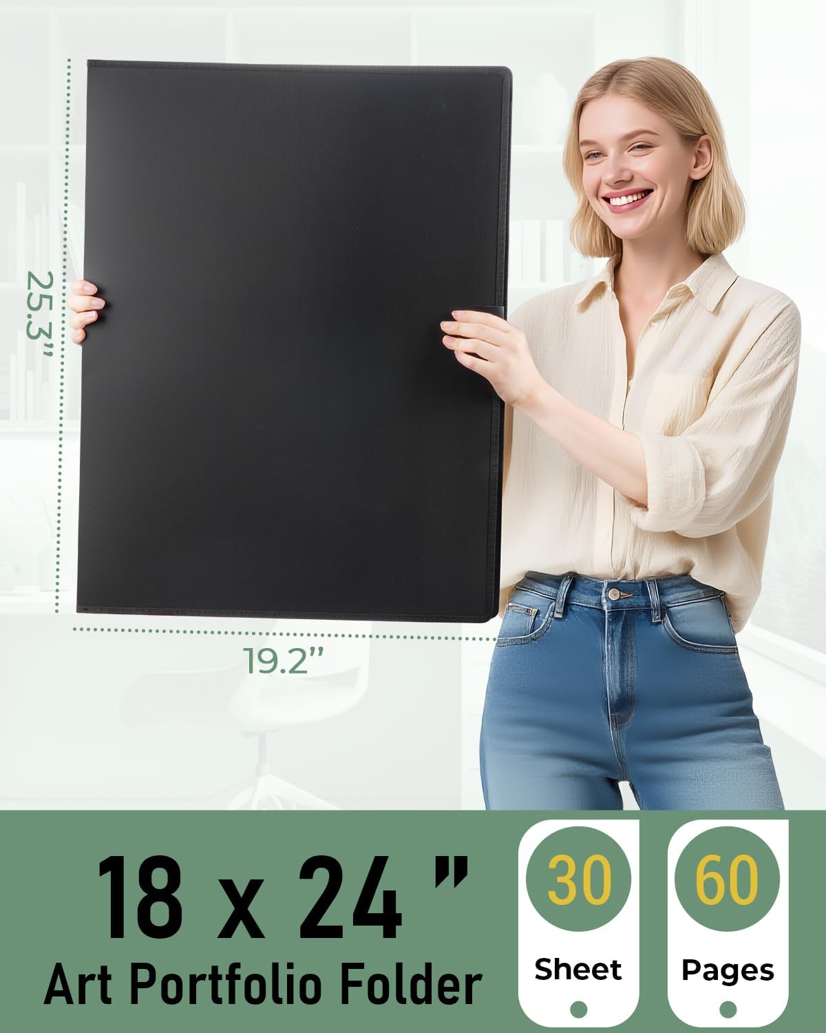 Nicpro 18x24 Large Art Portfolio Folder, 30 Pockets Display 60 Pages Artist Portfolio Folder with Clear Plastic Sleeves, Presentation Storage Book for Artists Artwork Drawing Painting Black