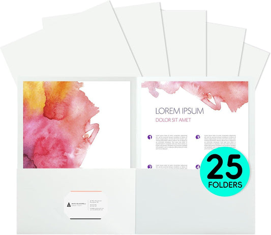 25Pcs White File Folders with Pockets and Business Card Holder,2 Pocket Folders for School,Home or Office,Durable Heavy Duty File Folders