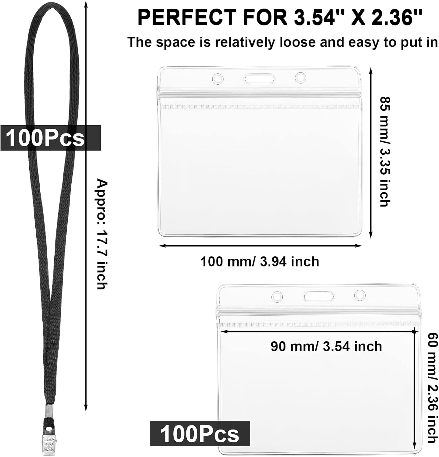 Marspark 100 Sets Clear Name Tags with Lanyard, Lanyards for ID Badges Reusable Strap with ID Holder Plastic Name Badges for Adults Business School Church Conference (Black)