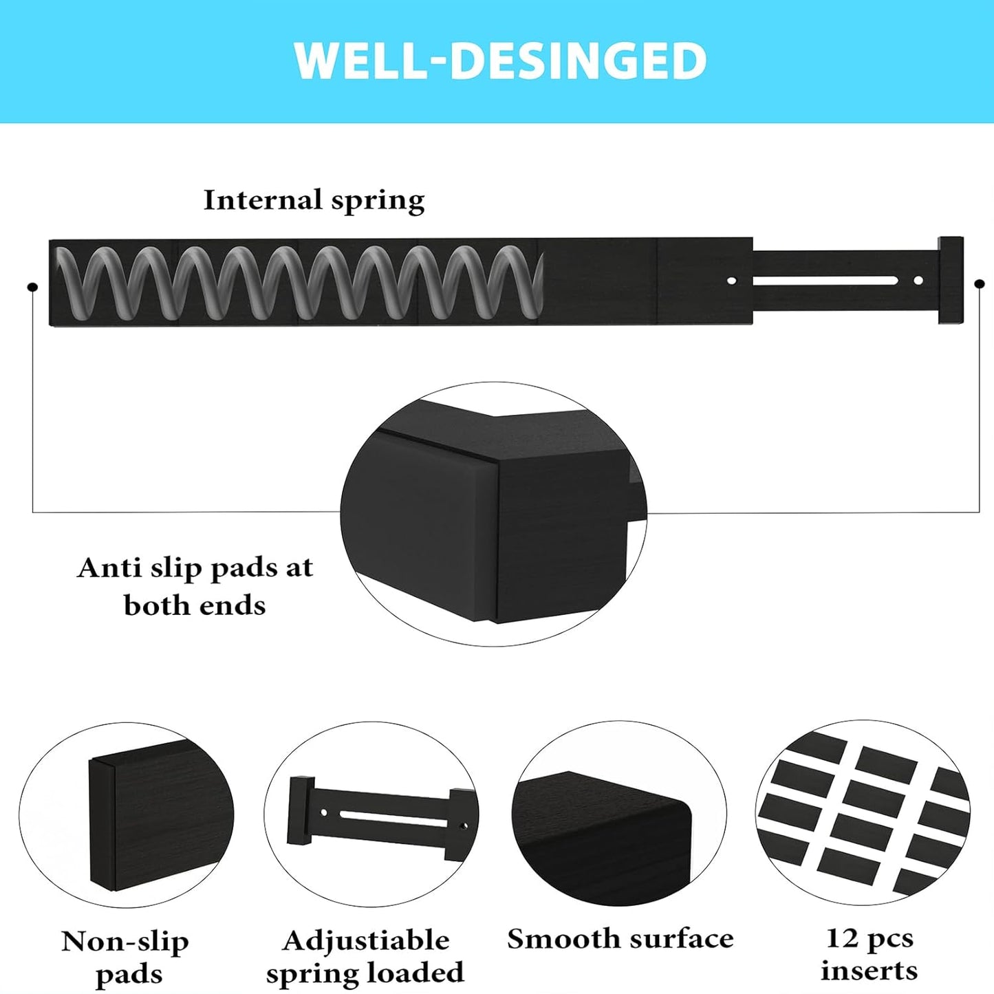 6 Pack Bamboo Drawer Dividers with 12 Inserts, Expandable Adjustable Clothes Drawer Organizers and Storage from 17" to 22" for Kitchen, Bedroom, Dresser, Cosmetics (Black)