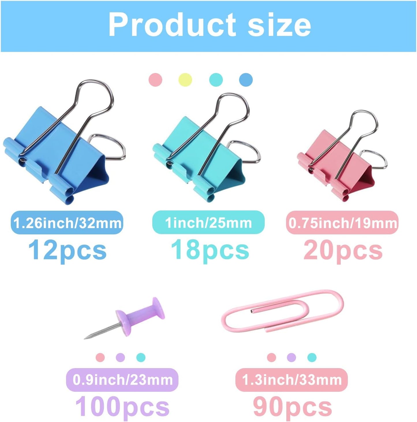 Paper Clips and Binder Clips Assorted Sizes, 240 PCS Colored Office Clips Set Large Medium Small Paper Clamps Paperclips Push Pin Thumb Tacks, College Supplies Home Office Supplies Document Organizing